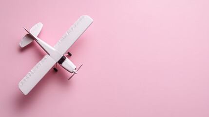 Flat lay of a white toy airplane placed on a pastel pink background — perfect for travel blogs, holiday promotions, or flight-themed visuals.

