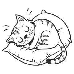 Illustrate a cat curled up in a sleeping position, using clean black outlines