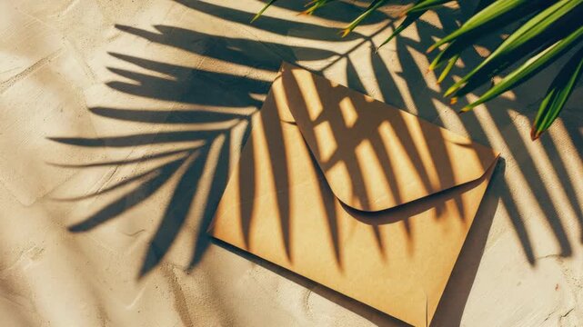 A brown envelope sits on the sand, possibly containing important documents or letters