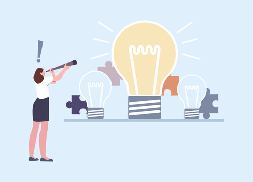 Woman looks through telescope. Problems solving, new ideas searching. Girl looking perspectives, creativity, self-realization, vector concept