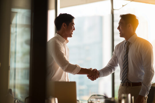 Asian Businessman making handshake with partner, open office space background 