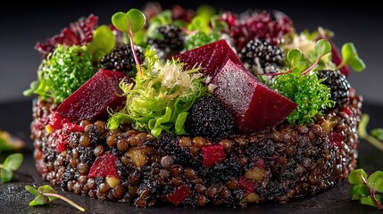   A macro of a dish adorned with broccoli, beets, and an array of other elements