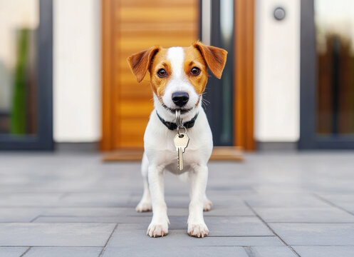 Jack russell dog holding keys in mouth standing in front of new modern house, representing home ownership, real estate and security