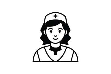 Female Nurse Wearing a Cap with a Cross Silhouette in Black and White Design white silhouette