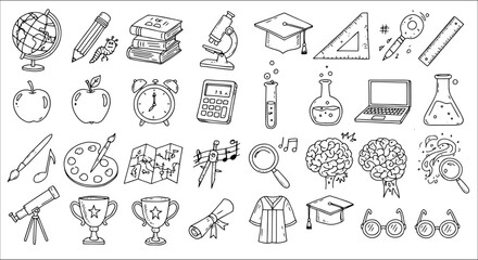 Obraz premium Hand-drawn doodle icons of school supplies, science instruments, art tools, and educational symbols including books, globe, microscope, graduation cap, and brains.