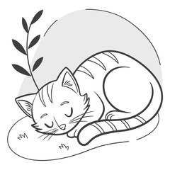 Illustrate a cat curled up in a sleeping position, using clean black outlines