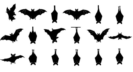 Silhouetted Black Bats in Various Poses for Halloween Decorations
