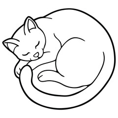 Illustrate a cat curled up in a sleeping position, using clean black outlines