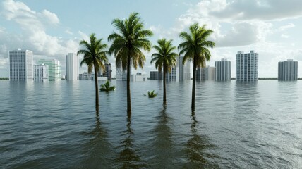 Obraz premium A flooded urban area with tall buildings partially submerged in water, palm trees standing in the water, under a cloudy sky.
