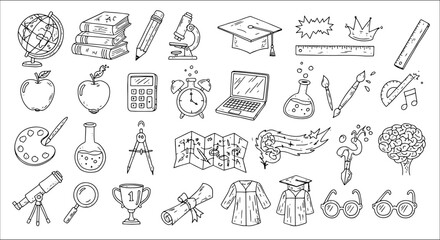 Set of Black and White Hand-Drawn Doodle Icons Representing Education, Science, Art, and School Supplies like Books, Globe, Graduation, and Learning Tools.