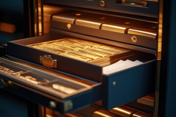 Golden bullion in an open safe deposit box, symbolizing financial security, high-value investments, and traditional banking practices in a luxury vault environment.