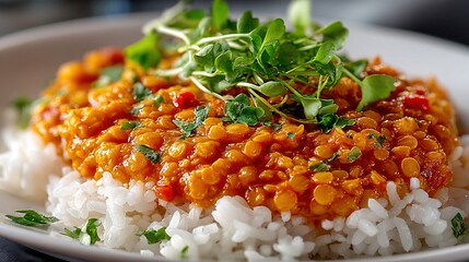   White plate with rice covered in sauce and green leafy garnish