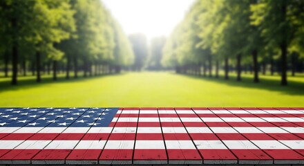 Celebrate freedom with a vibrant picnic table adorned with the American flag in a sunlit park setting