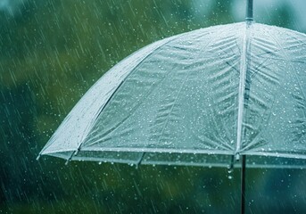 A transparent umbrella catches raindrops during a heavy downpour