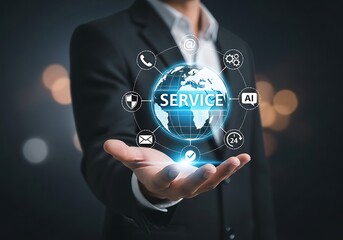 Ai generated image of a businessman presents a digital globe displaying service icons, symbolizing global technology solutions