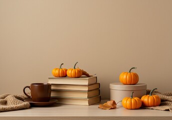Cozy autumn scene with pumpkins, books, and a warm drink