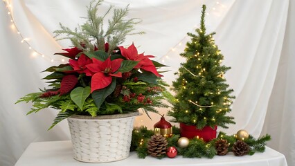 Christmas corner arrangement with festive flowers and plants. Holiday decoration design. AI GENERATED.
