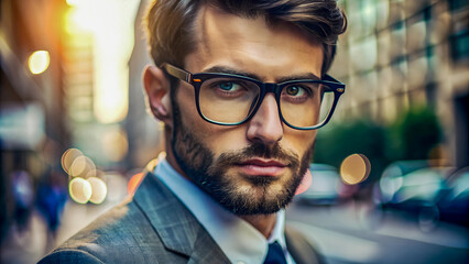 Confident and ambitious businessman wearing stylish eyeglasses, standing in urban environment during vibrant sunset, conveys professionalism, determination, contemporary fashion in a city setting.