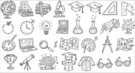 Hand-drawn collection of educational doodles: school supplies, academic symbols, science, art, technology, and graduation icons for learning and knowledge.