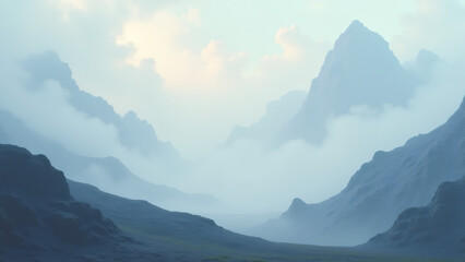 Mountain valley covered with fog at dawn landscape illustration of nature