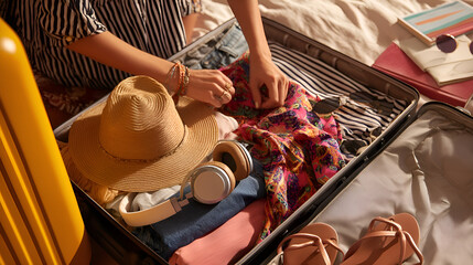 Woman packing suitcase for summer vacation, getting ready for holiday trip