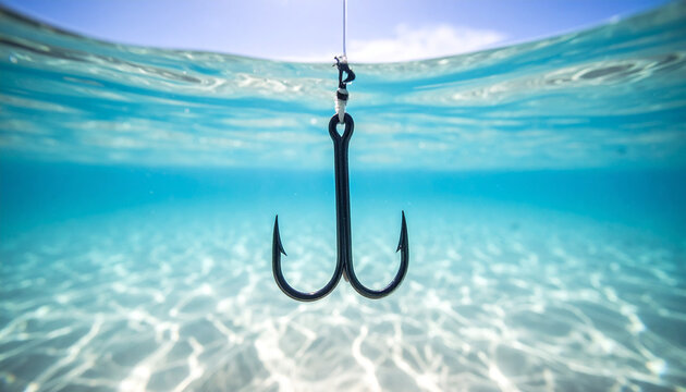 Fishing hook on string underwater. Clear sea or ocean water background.