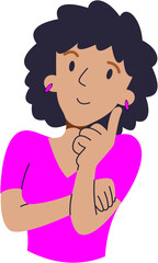Young woman thinking with hand on chin and smiling in vibrant pink outfit  , vector