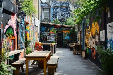 Fototapeta premium urban graffiti-filled alley picnic with street food