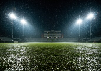A football field is illuminated by stadium lights during a rainy night