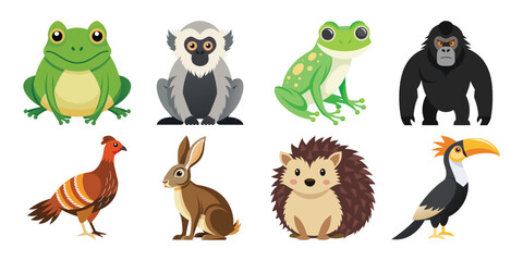 A Cute Vector Cartoon Animal Set: Frog, Monkey, Gorilla, Bird, Rabbit, Hedgehog; Vibrant, Playful Style