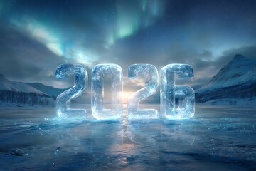 A stunning image of the year 2026 sculpted in ice, set against a backdrop of the aurora borealis and snowy mountains.