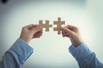 Hands Holding Two Wooden Jigsaw Puzzle Pieces Illustrating Teamwork Problem Solving Strategy and Connection on a Light Background Symbolizing Unity and Collaboration