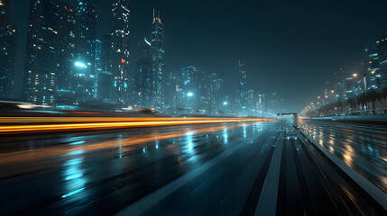 Futuristic Highway Green Energy Cityscape Night Drive Speed Technology