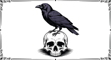 A striking illustration features a raven perched atop a human skull, framed by an ornate border, evoking themes of mortality, gothic art, and symbolic representations of death.