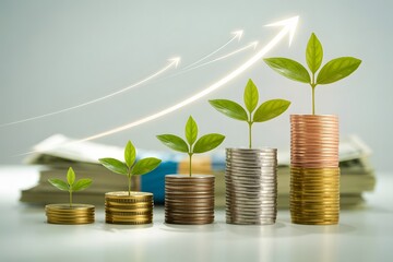 Investment growth concept with stacked coins and green plants symbolizing financial success and increasing returns represented by upward trending arrows showing business development