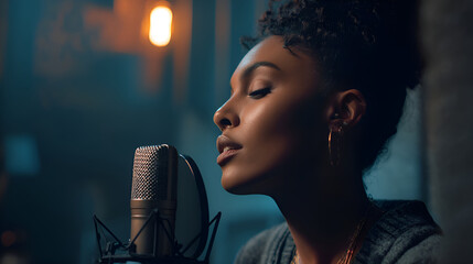 Young singer recording new song in professional studio