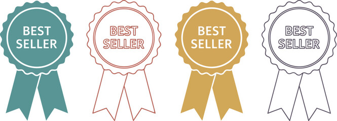 Collection of four best seller award ribbons with different colors and styles