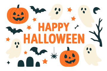 Vector illustration of a Halloween party invitation featuring spooky and trendy designs such as zombies, pumpkins, ghosts, and a creepy hand set under a full moon, suitable for kids' parties and