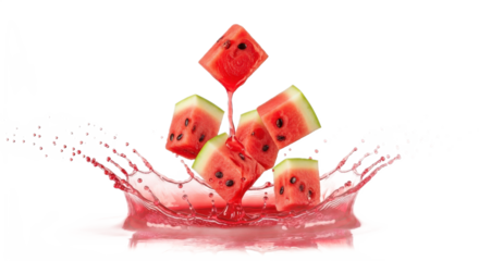 Fresh watermelon cubes splashing into juice isolated PNG with Transparent Background