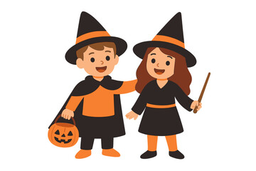 Charming cartoon youngsters dressed in pilgrim and witch attire for autumn holiday festivities depicting joyful boys and girls