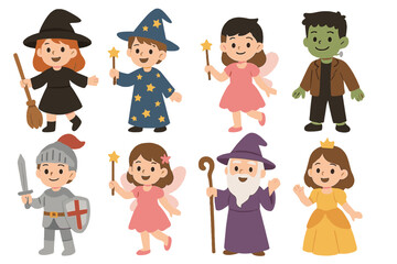 Adorable little kids in vibrant Halloween costumes are featured in a set of Halloween children trick-or-treating vector illustrations