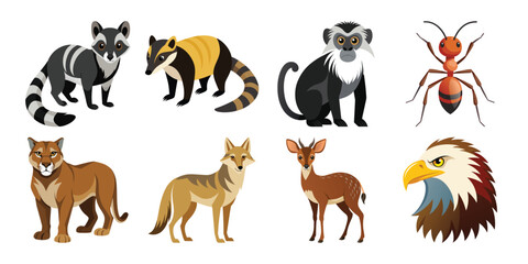 A Vector Vibrant Flat-Style Wildlife Illustrations: Butterfly, Mouse, Birds, Bee, Boar, Wolf, and Woodpecker.