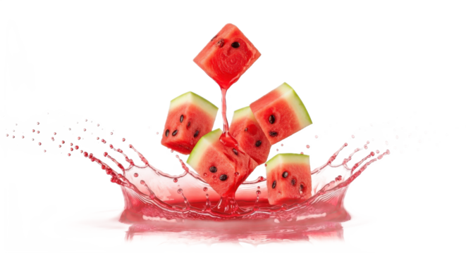 Fresh watermelon cubes splashing into juice isolated PNG with Transparent Background