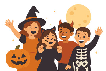 A group of kids dressed in Halloween costumes are gathered together in a lively Halloween night atmosphere