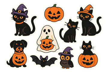 Naklejka premium Vector illustration of a Halloween party with a set of stickers featuring cats and dogs in monster costumes, including banner and elements