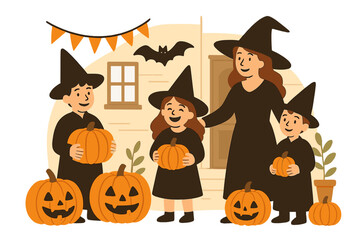 Vector illustration of kids in costumes celebrating Halloween