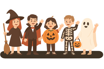 Children dressed in Halloween costumes are standing together on a white background
