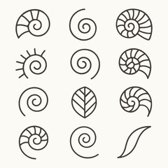 Vector icons of abstract spiral patterns: a seamless set of decorative floral swirl design elements