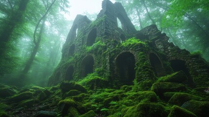 Ruined stone structure overgrown with moss in misty forest