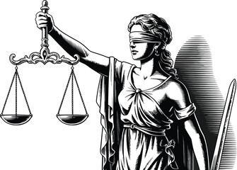 Lady Justice illustration showcases the scales of justice and a blindfold, symbolizing impartiality and fairness in the legal system, rendered in a classic engraved style.